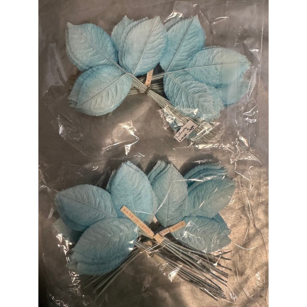 Vintage Japaese Aqua Blue Fabric Millinery Leaves Wired Stems 🌿🩵 72 Pc Lot - Picture 4 of 4